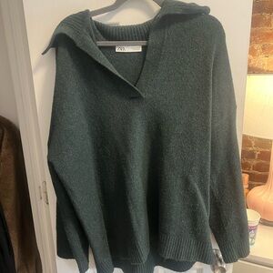 Zara Deep Green Funnel Collar Knit Sweater